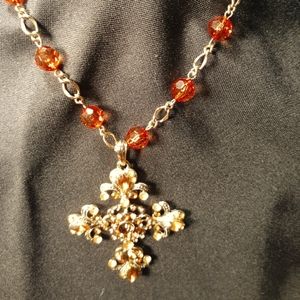Chain & Cross with Amber Beads and Stones